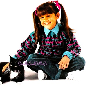 Vintage Knitting Pattern Kids Childs Knit Kitty Cat Motif Pullover Sweater PDF Instant Digital Download Cute Animal Jumper 4-8 Years 4 Ply
