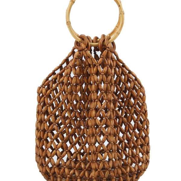 Wooden Beads Bamboo Summer Beach Ring handle Handbag Purse Wooden beads Bag Retro Vintage Fashion Bead Bag Handbag Tote Top Handle Handbag