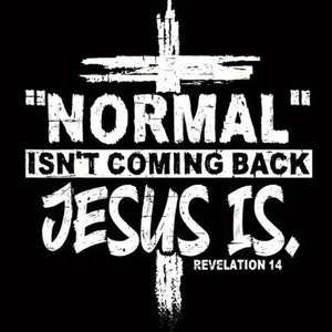 May include: A white graphic design with a distressed look featuring a cross and the text "NORMAL ISN'T COMING BACK JESUS IS. REVELATION 14".