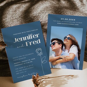 Minimalist Wedding Invitation Template | Blue Wedding Invite | Photo Wedding Invite | Editable Modern Wedding Invite