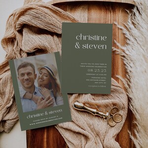 Minimalist Wedding Invitation Template | Sage Wedding Invite | Photo Wedding Invite | Editable Modern Wedding Invite