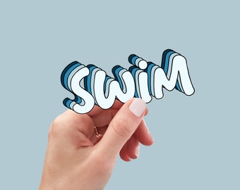 May include: A hand holding up a blue and white sticker that says "SWIM" in a retro font.