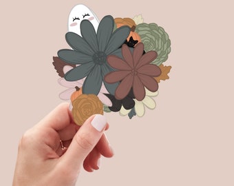 Cute Halloween Flower Sticker with Ghost - dishwasher safe, waterproof sticker for laptop, water bottle, tumbler, etc. gifts for her
