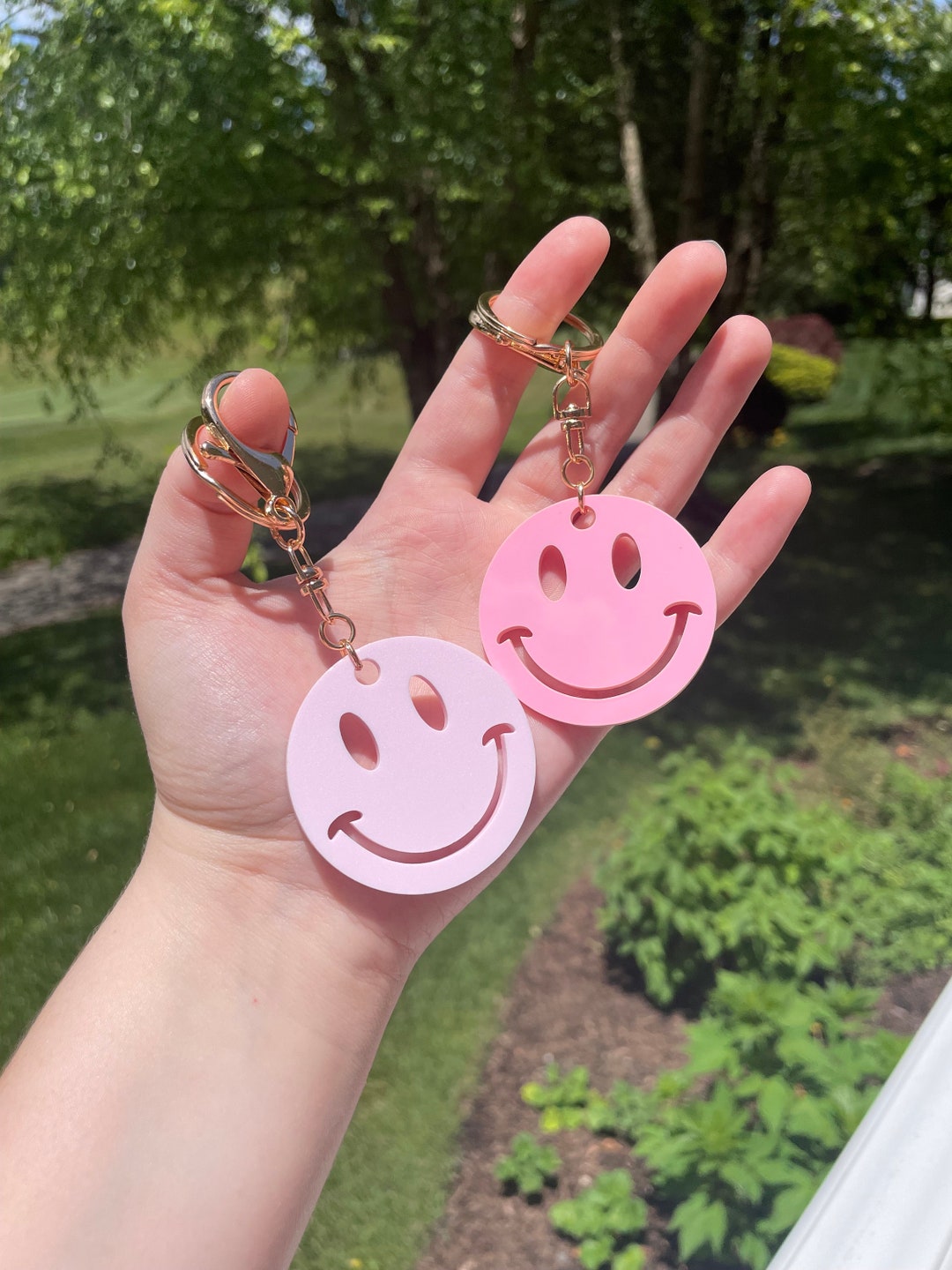 Pretty Pink Smiley Face Keychains With Gold Features - Etsy
