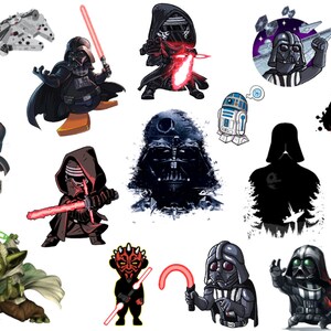 May include: A collection of Star Wars character illustrations, including Yoda, Darth Vader, Kylo Ren, and R2-D2. The illustrations are in a variety of styles, from cartoonish to realistic.