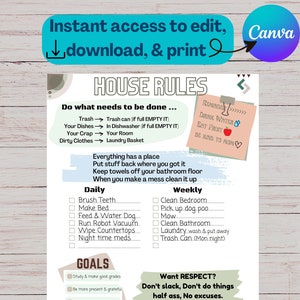 House Rules for teens, Editable on Canva completely Customizable Printable Chore responsibilities chart teenagers kids to do list template