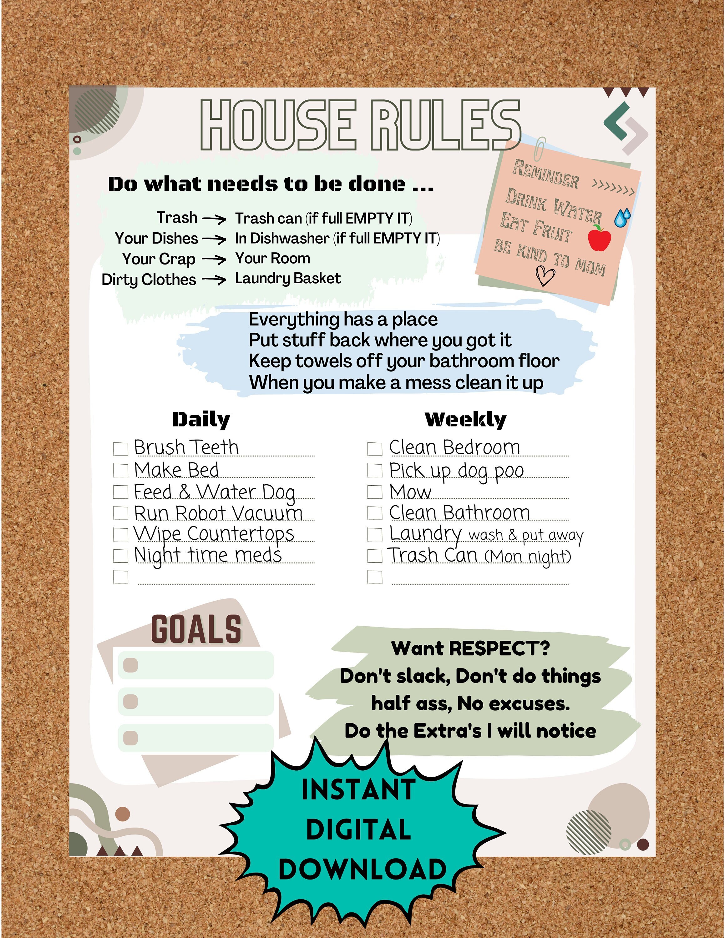 Printable Chore Chart for Teenagers Digital Kids and Teens to Etsy