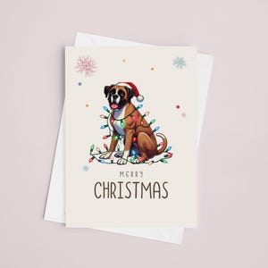 May include: A Christmas card featuring a cartoon boxer dog wearing a Santa hat and surrounded by colorful Christmas lights. The card reads "Merry Christmas".