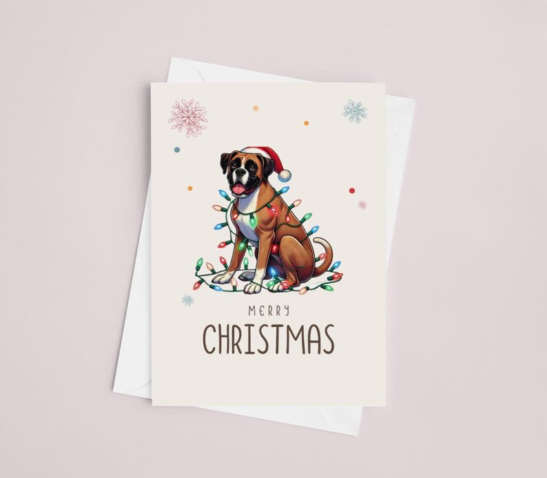 May include: A Christmas card featuring a cartoon boxer dog wearing a Santa hat and surrounded by colorful Christmas lights. The card reads "Merry Christmas".