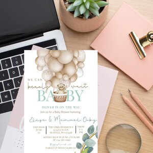 Editable Baby Shower Digital Download, Teddy hot air balloon Invite