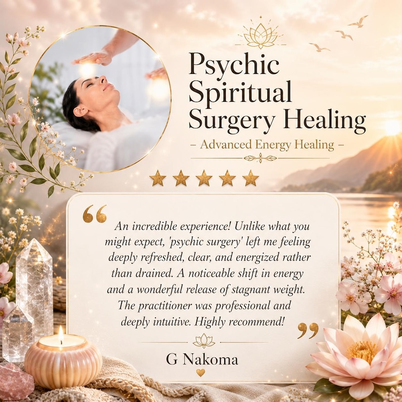 May include: A promotional graphic for Psychic Spiritual Surgery Healing featuring a circular inset of a person receiving energy work, five gold stars, and a testimonial quote from G Nakoma. The design includes floral accents, crystals, and a candle.