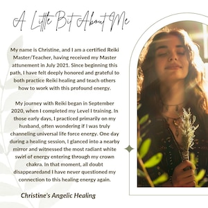 May include: A digital graphic featuring the text A Little Bit About Me and Christine's Angelic Healing. It includes a personal narrative about Reiki practice and a photograph of a person with eyes closed, holding a bundle of dried herbs.