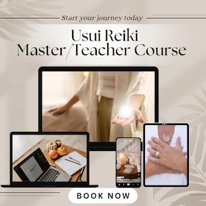 Könnte beinhalten: Eine digitale Grafik für einen Usui Reiki Master/Teacher Kurs mit Laptop, Smartphone und Tablet, die Hände, Kerzen und einen Arbeitsplatz zeigen. Der Text lautet Start your journey today, Usui Reiki Master/Teacher Course und BOOK NOW.