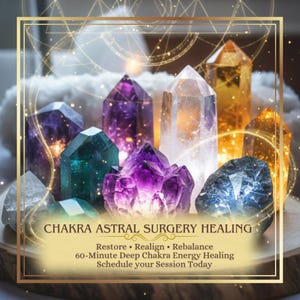 May include: An assortment of colorful crystals, including amethyst, quartz, and citrine, are arranged on a wooden surface. The crystals are illuminated, creating a mystical and spiritual ambiance. Text at the bottom reads "CHAKRA ASTRAL SURGERY HEALING".