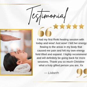 May include: A testimonial graphic featuring the word Testimonial in black script, five gold stars, and a quote from Lisbeth about a Reiki healing session. An inset photo shows a person receiving Reiki with hands hovering over their head.