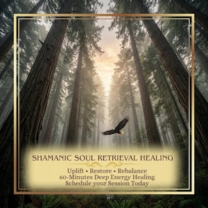 May include: A digital graphic featuring a bald eagle flying through a misty redwood forest. The text reads: SHAMANIC SOUL RETRIEVAL HEALING, Uplift • Restore • Rebalance, 60-Minutes Deep Energy Healing, Schedule your Session Today. Framed in gold.