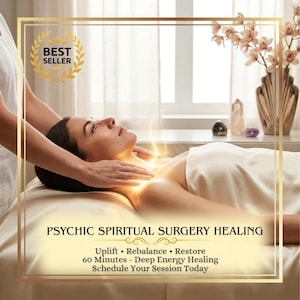 May include: A person lying on a massage table receiving energy healing with a glowing light effect on their chest. Text reads: PSYCHIC SPIRITUAL SURGERY HEALING, Uplift, Rebalance, Restore, 60 Minutes - Deep Energy Healing, Schedule Your Session Today.