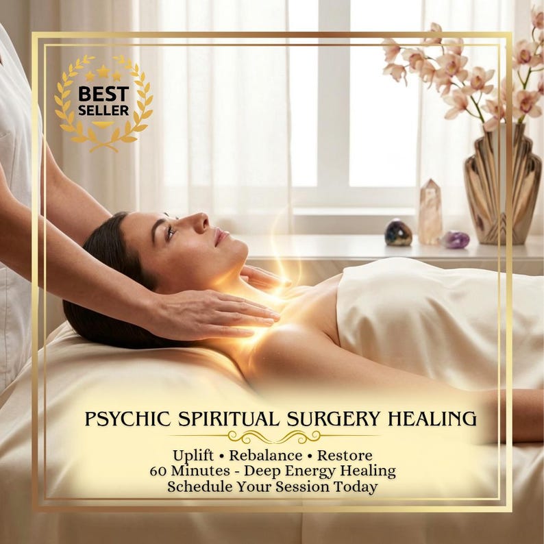 May include: A person lying on a massage table receiving energy healing with a glowing light effect on their chest. Text reads: PSYCHIC SPIRITUAL SURGERY HEALING, Uplift, Rebalance, Restore, 60 Minutes - Deep Energy Healing, Schedule Your Session Today.