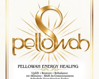 Puede incluir: Un diseño gráfico en tono dorado con una letra S estilizada y líneas radiantes. El texto dice Pellowah Energy Healing, Uplift, Restore, Rebalance, 60-Minutes, Shift In Consciousness y Schedule Your Session Today.