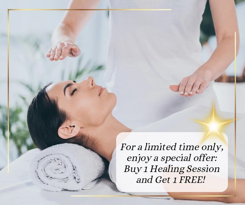 May include: A person lying down with eyes closed, resting their head on a white rolled towel while receiving a healing session. A white rectangular graphic overlay displays the text: For a limited time only, enjoy a special offer: Buy 1 Healing Session and Get 1 FREE!