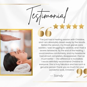 May include: A testimonial graphic featuring the word Testimonial in black script, five gold stars, and large gold quotation marks. It includes a photograph of a person receiving energy healing and a written review from Sandy about Christine.