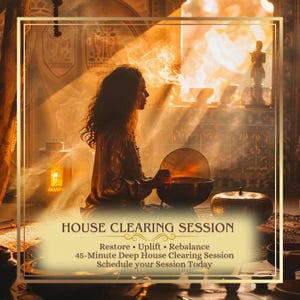 Puede incluir: Una persona de cabello largo sentada en una habitación dorada y soleada con humo, tocando un cuenco tibetano de metal. El texto dice: HOUSE CLEARING SESSION, Restore • Uplift • Rebalance, 45-Minute Deep House Clearing Session, Schedule your Session Today.