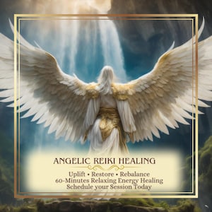 Könnte beinhalten: Eine digitale Illustration einer Figur mit großen weißen und goldenen Flügeln vor einem Wasserfall. Der Text lautet: ANGELIC REIKI HEALING, Uplift • Restore • Rebalance, 60-Minutes Relaxing Energy Healing, Schedule your Session Today, goldener Rahmen.
