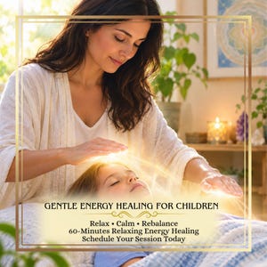 May include: A promotional graphic for energy healing services featuring text that reads GENTLE ENERGY HEALING FOR CHILDREN, Relax, Calm, Rebalance, 60-Minutes Relaxing Energy Healing, and Schedule Your Session Today, framed by a gold border.