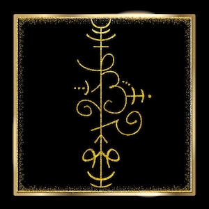 May include: A gold-colored sigil design on a black background, framed by a gold glitter border. The sigil features a vertical line with various symbols and shapes, including curves, dots, and arrow-like elements. The overall design is symmetrical and detailed.