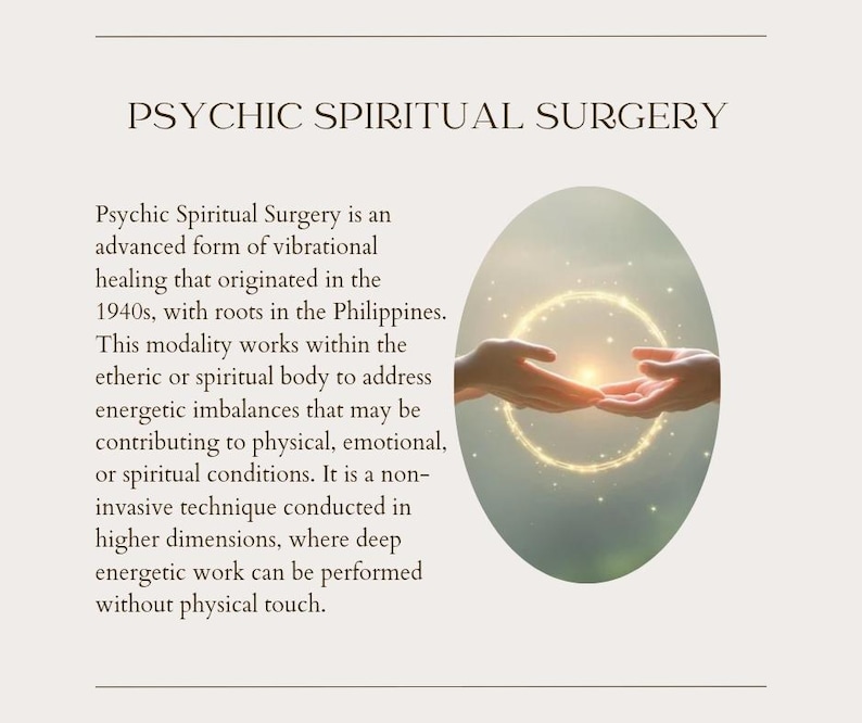 May include: A digital graphic featuring the text PSYCHIC SPIRITUAL SURGERY followed by a descriptive paragraph. To the right, an oval image shows two hands reaching toward each other, separated by a glowing, circular ring of golden light particles.