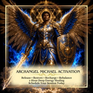 May include: A digital illustration of a figure in blue and gold armor with large wings, holding a glowing sword and shield. Text reads: ARCHANGEL MICHAEL ACTIVATION, Release, Restore, Recharge, Rebalance, 1-Hour Deep Energy Healing, Schedule Your Session Today.