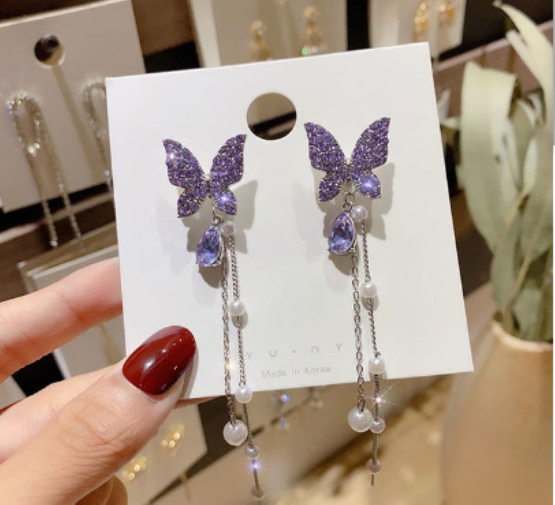 NEW TRENDY CRYSTAL PURPLE BUTTERFLY EARRINGS