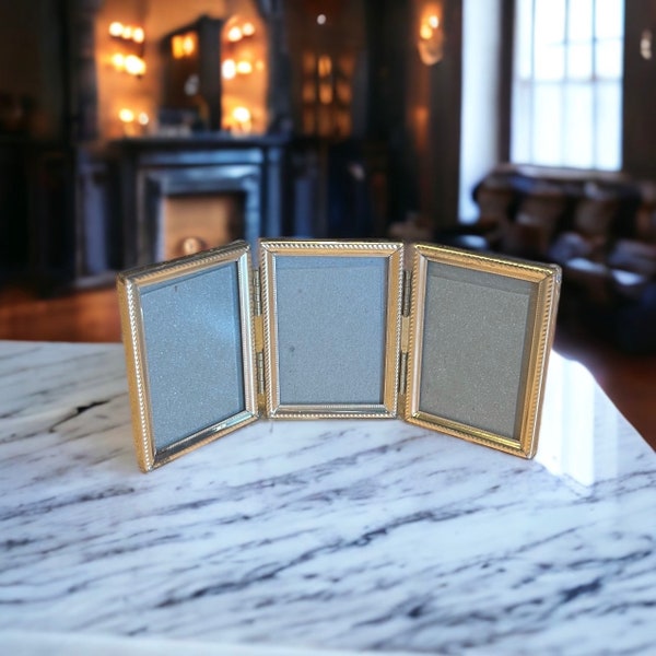 Vintage 2.5x3.5 Gold Metal Brass Hinged Triple Picture Frame, Midcentury Hollywood Regency