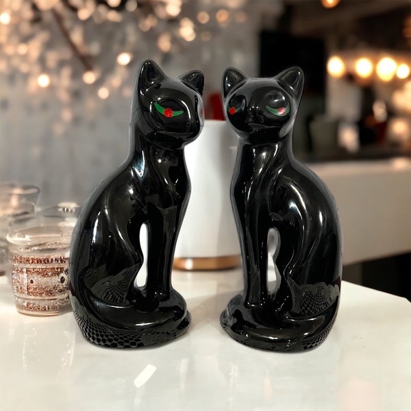 Pair of Vintage Black Ceramic Cat Statues, Midcentury Art Deco Style Cat Decor, Cat Lover Gift, Retro Cat Figurine, Gothic Home Decor