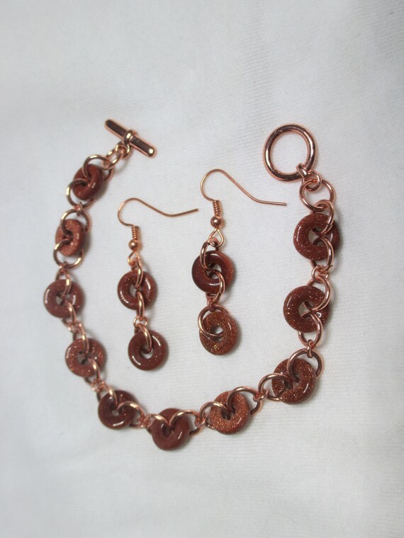Copper and Goldstone Bracelet and Earring Set Etsy