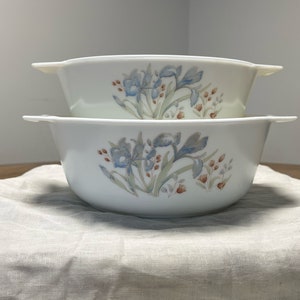 May include: Two white ceramic bowls with blue and brown floral designs. The bowls have handles and are stacked on top of each other.