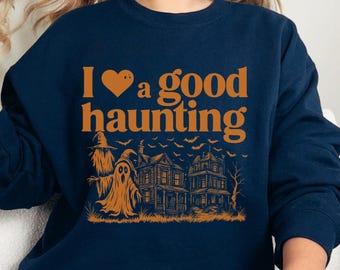 Sudadera "Me encantan los buenos fantasmas embrujados", sudadera "Temporada espeluznante", camiseta divertida de fantasmas, camiseta vintage de fantasmas, camiseta retro de fantasmas, casa embrujada