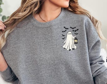 Sudadera con linterna fantasma, sudadera con fantasma cottagecore, camiseta nostálgica de Halloween, sudadera con fantasma adorable, suéter con fantasma, camiseta retro con fantasma
