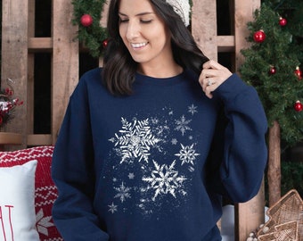 Felpa Natalizia Donna Con Stampa Babbo Natale E Fiocchi Di Neve, Maniche Lunghe, Misto Cotone-poliestere, Blu Cielo