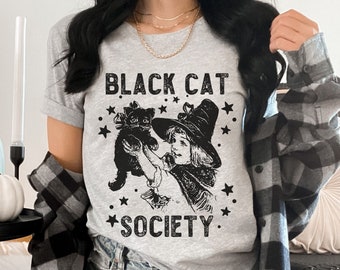 Svart kattskjorta, katt-t-shirt, Halloween-skjorta, häxskjorta, Halloween-katt-t-shirt, retro svart katt, Black Cat Society, kattälskare-skjorta