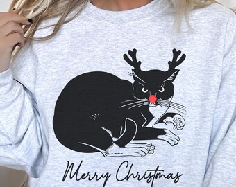 Sudadera navideña de gato gruñón, camisetas de gato enojado, camiseta navideña de gato, sudadera navideña de gato, cuello redondo de gato, sudadera navideña de gato
