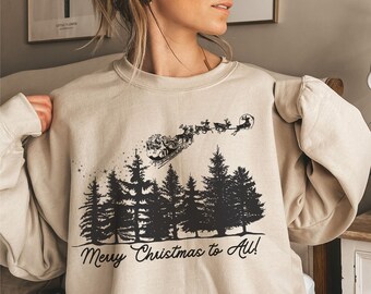 Sudadera "Feliz Navidad a todos", sudadera vintage de Papá Noel, camiseta de reno volador, camiseta retro navideña, sudadera vintage navideña