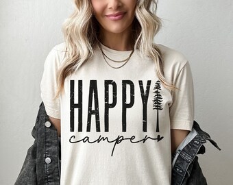 Camiseta de campista feliz, camiseta de camping, regalo de camping para ella, camisetas de equipo de camping, camiseta de aventura, camiseta de vida en el campamento, camiseta de camping, camiseta para exteriores