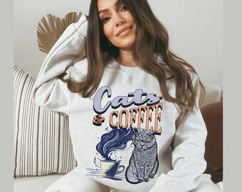 Cats And Coffee Sweatshirt, Coffee Lover Shirt, Funny Cat Shirt, Cat Mom Gift, Cat Lover Shirt, Retro Coffee Shirt, Vintage Cat Sweatshirt