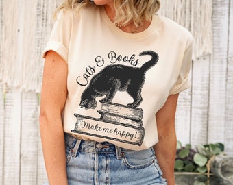 Cats and Books Make Me Happy Shirt, Book Lover Shirt, Cat Lover Shirt, Book Cat Tshirt, Librarian Shirt, Cat Owner, Bookworm Shirt