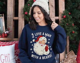 Divertida sudadera de Santa, sudadera de barba de Santa para mujer, cuello redondo de Navidad, sudadera de Navidad, camisa de Santa para mujer, camisa retro de Santa