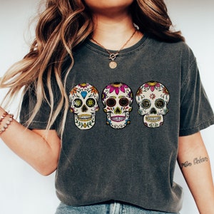 Sugar Skull Shirt, Skull Comfort Colors Shirt, Skeleton Shirt, Halloween Tshirt, Skeleton Tee, Calaveras Shirt, Halloween Party Shirt