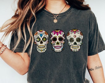 Sugar Skull Shirt, Skull Comfort Colors Shirt, Skeleton Shirt, Halloween Tshirt, Skeleton Tee, Calaveras Shirt, Halloween Party Shirt