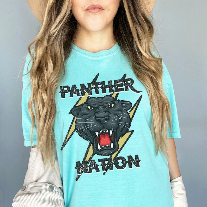 Op de afbeelding: Een turquoise blauw t-shirt met een zwarte panter afbeelding en de tekst "PANTHER NATION" in zwart.