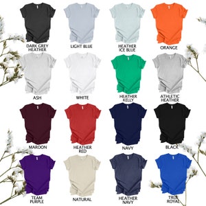 May include: A selection of 16 blank t-shirts in various colors, including dark grey heather, light blue, ice blue, orange, ash, white, heather kelly, athletic heather, maroon, heather red, navy, black, team purple, natural, heather navy, and true royal.